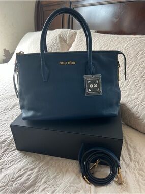Miu Miu Navy Blue Pebbled Leather Satchel with Gold Hardware